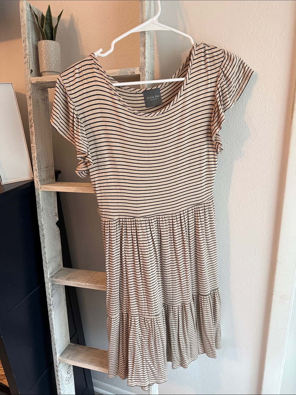 Olivia Rae Beige and Black Striped Tiered Mini Dress